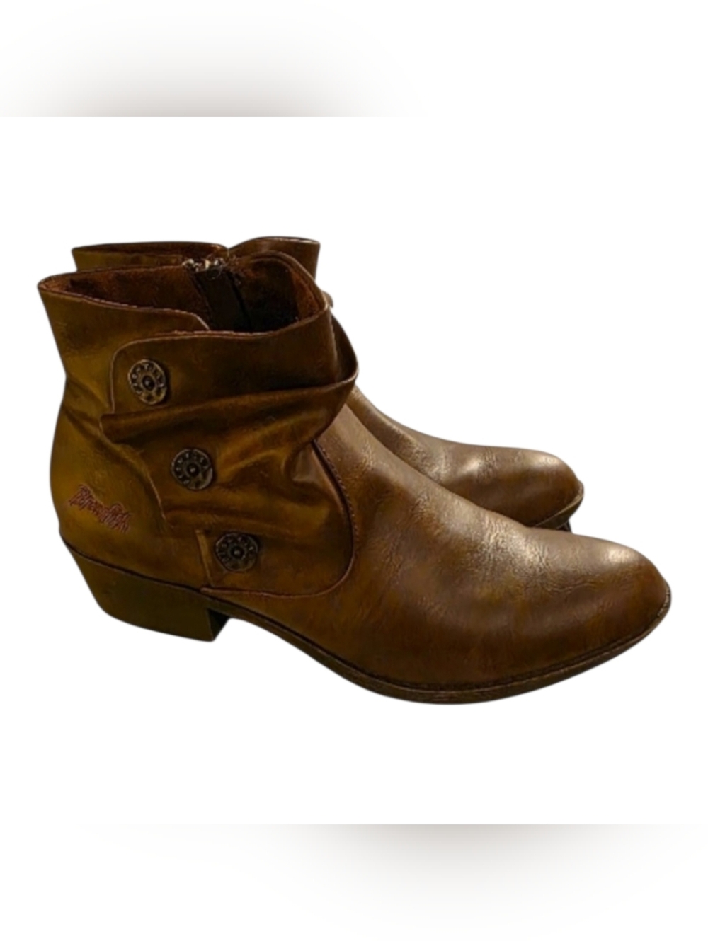 Blowfish Ruffle Ruched Cognac Brown Faux Leather Heeled Ankle Boots